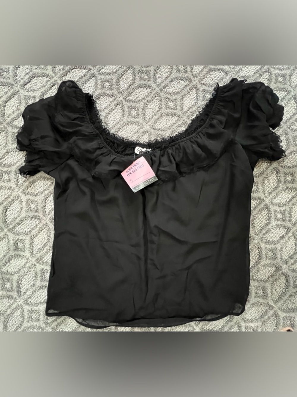 Vixen by Micheline Pitt Black Ruffle Scoop Neck Blouse
